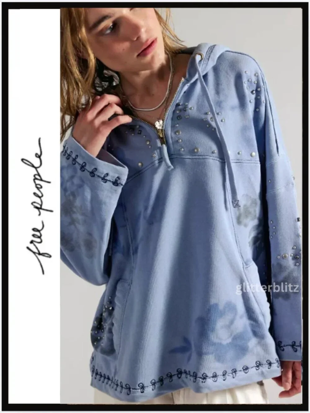 NWT Free People Sweatshirt Silver Studded Floral Embroidered - Half Zip Hoodie